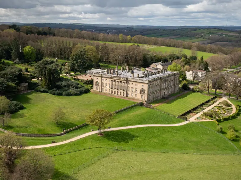 Wentworth Castle and its gardens in Barnsley, seen from the air in spring