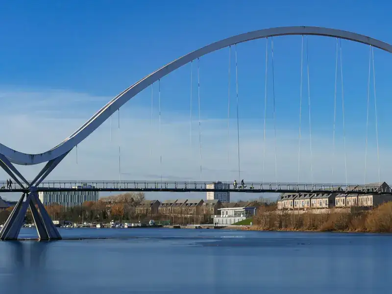 The Infinity Bridge arching over the River Tees at Stockton-on-Tees on a sunny winter day