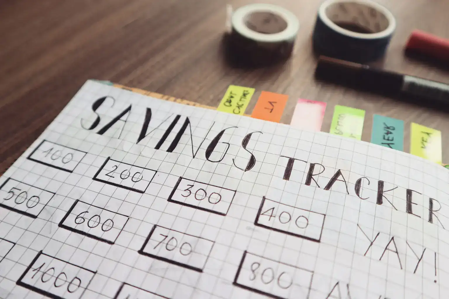 A hand-drawn savings tracker chart with boxes for each amount saved and colourful tabs